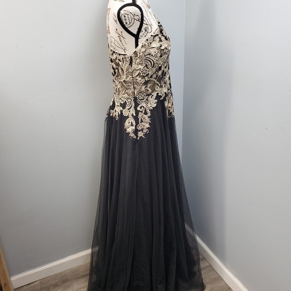 JJ's House Party Dress Womens L Black Gold Embroidered Lace Sequin One Shoulder - Picture 11 of 13